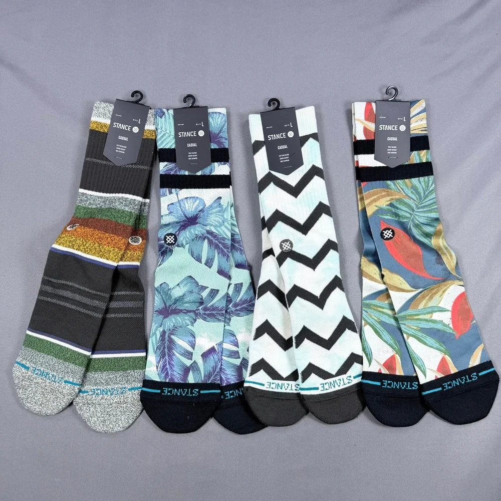 Stance Mens L Multi Cotton Poly Casual Crew Socks 4 Pair Tropical Stripe Chevron